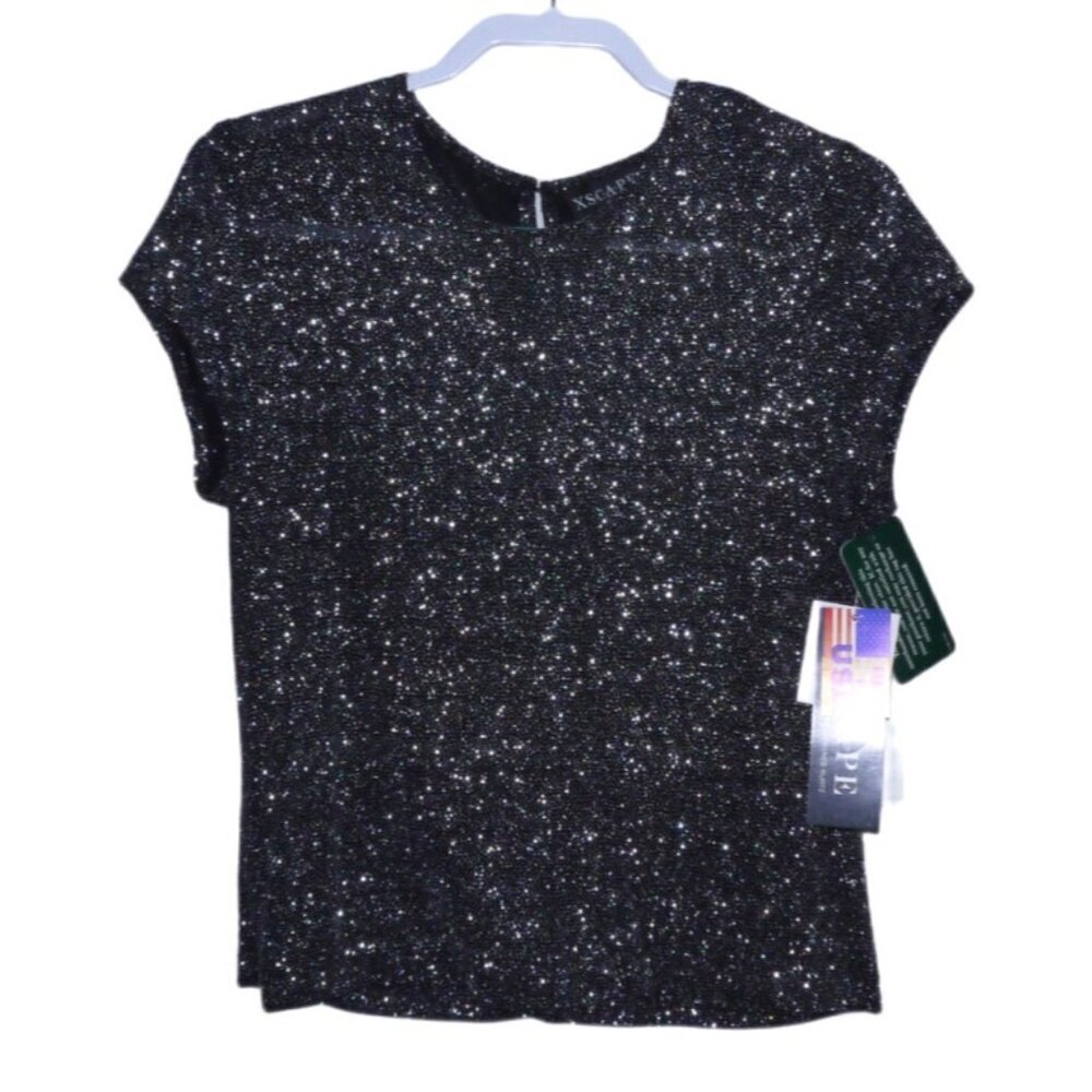 XSCAPE by Lawrence Kurtz black & silver glitter top cap sleeves Women's L, NEW